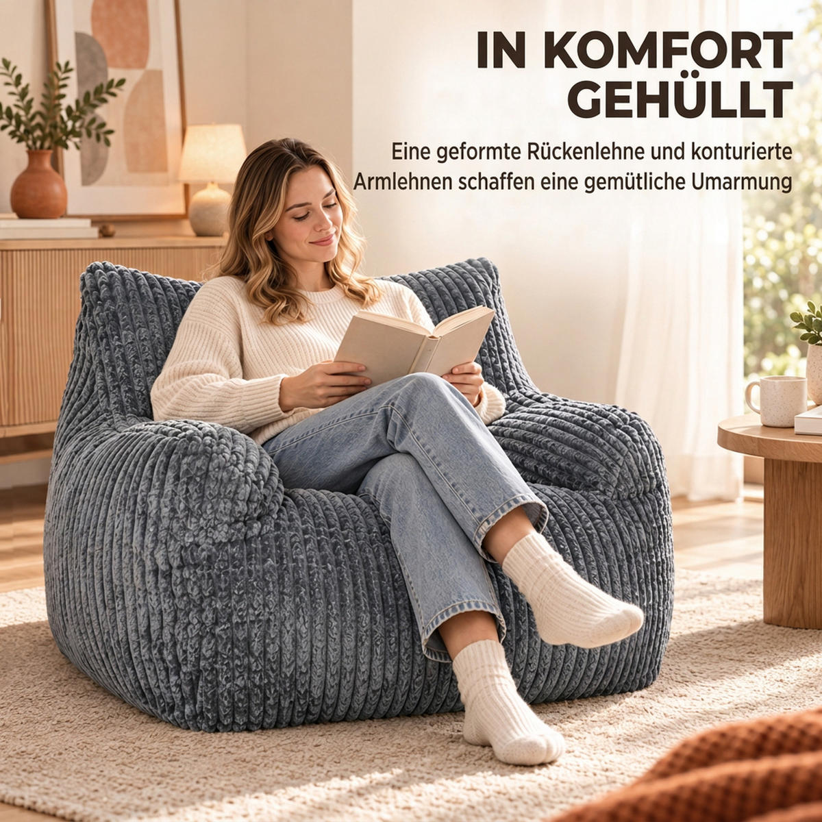 BODENSESSEL Cord Schaumstoff Grau - Grau, Textil (107/71/115cm) - HOMCOM
