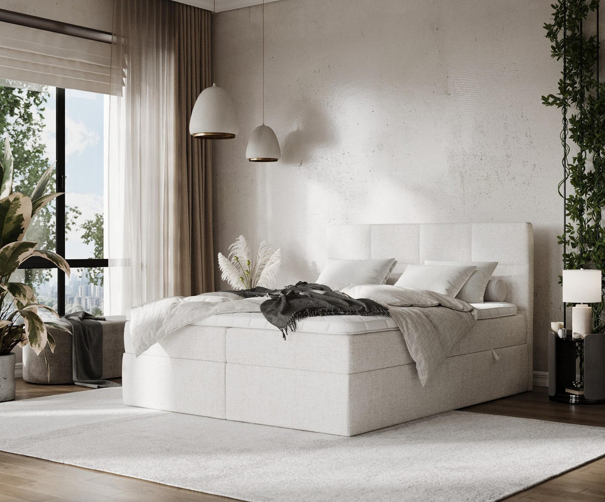 BOXBETT Oris 160/200 cm Creme im Neve Stoff - Creme/Schwarz, Holz/Holzwerkstoff (160/200cm) - AltaBeds