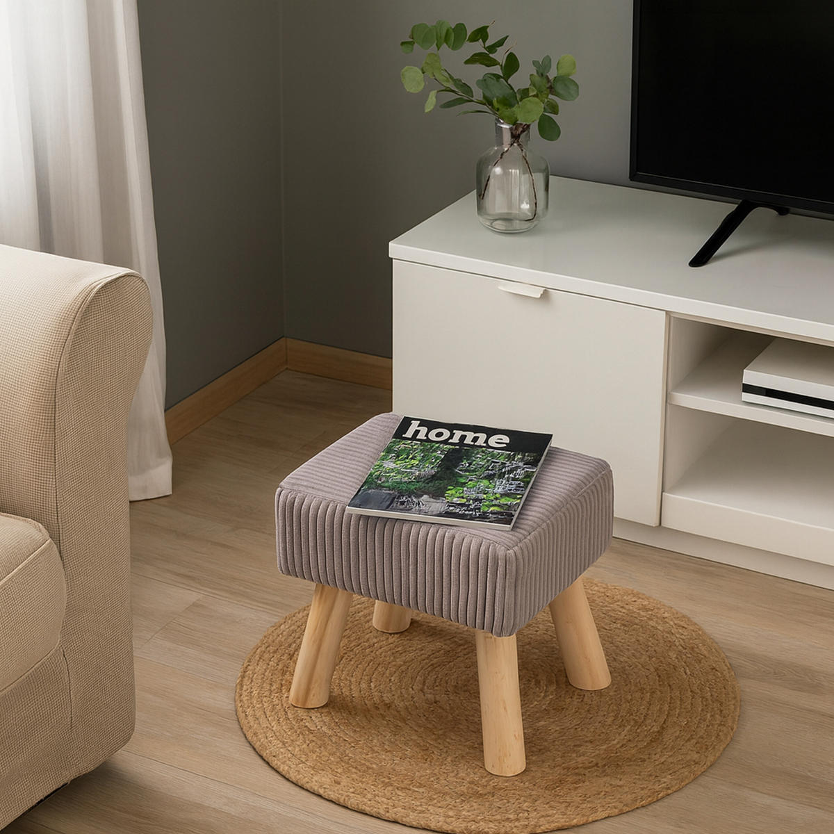 CORD-HOCKER - Hellgrau/Naturfarben, Holz/Textil (30/30/30cm) - Relaxdays