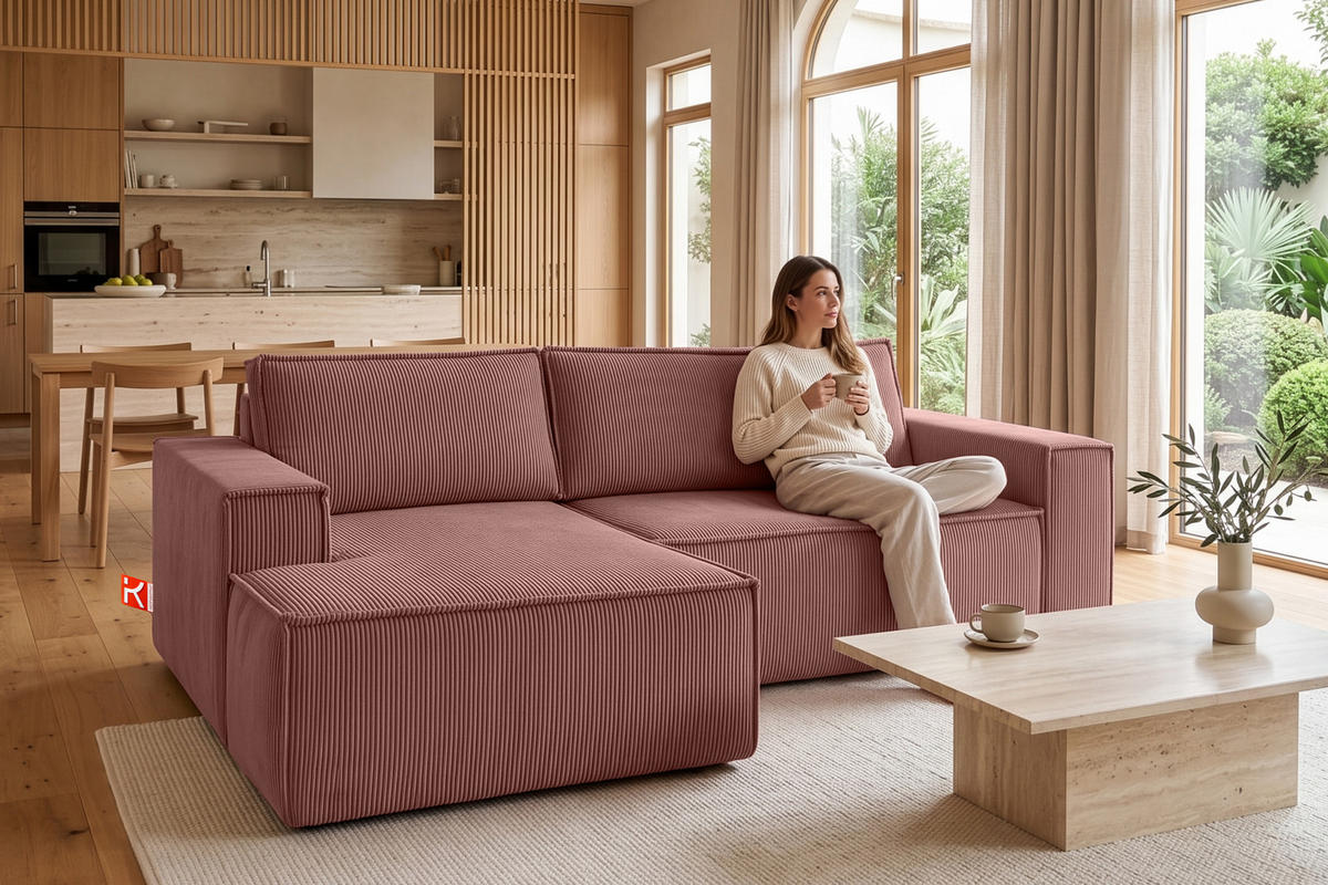 ECKSCHLAFSOFA-LINKS NAPI in Pet Friendly Cord-Stoff, rosa - Pink/Schwarz, Textil (262/148cm) - KONSIMO®