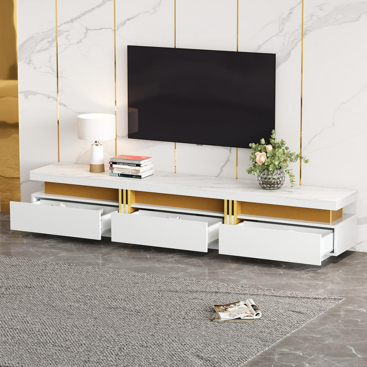 TV-SCHRANK weiß mit Marmor-Optik Tischplatte 200 × 40 × 42 cm - Weiß, Holzwerkstoff (200/42/40cm) - Luhomfu
