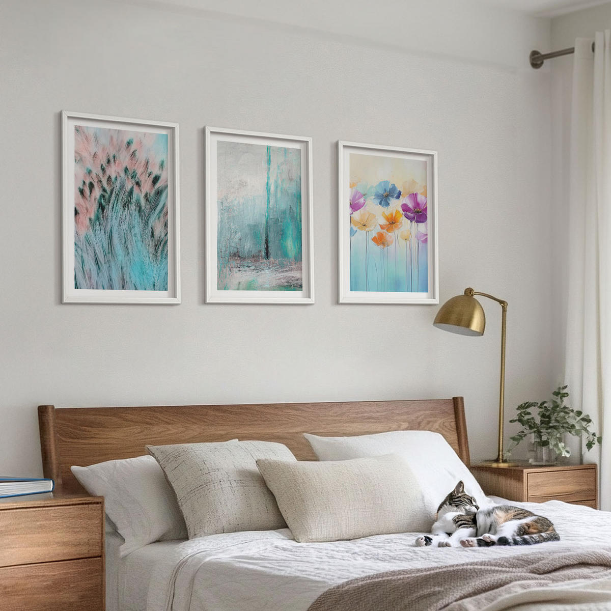 WANDBILDER 3er-Set - 40x60 cm Weißer Rahmen - Hintergrundmuster mit Pastellblumen - Weiß, Kunststoff (40/60cm) - ArtPrintCave