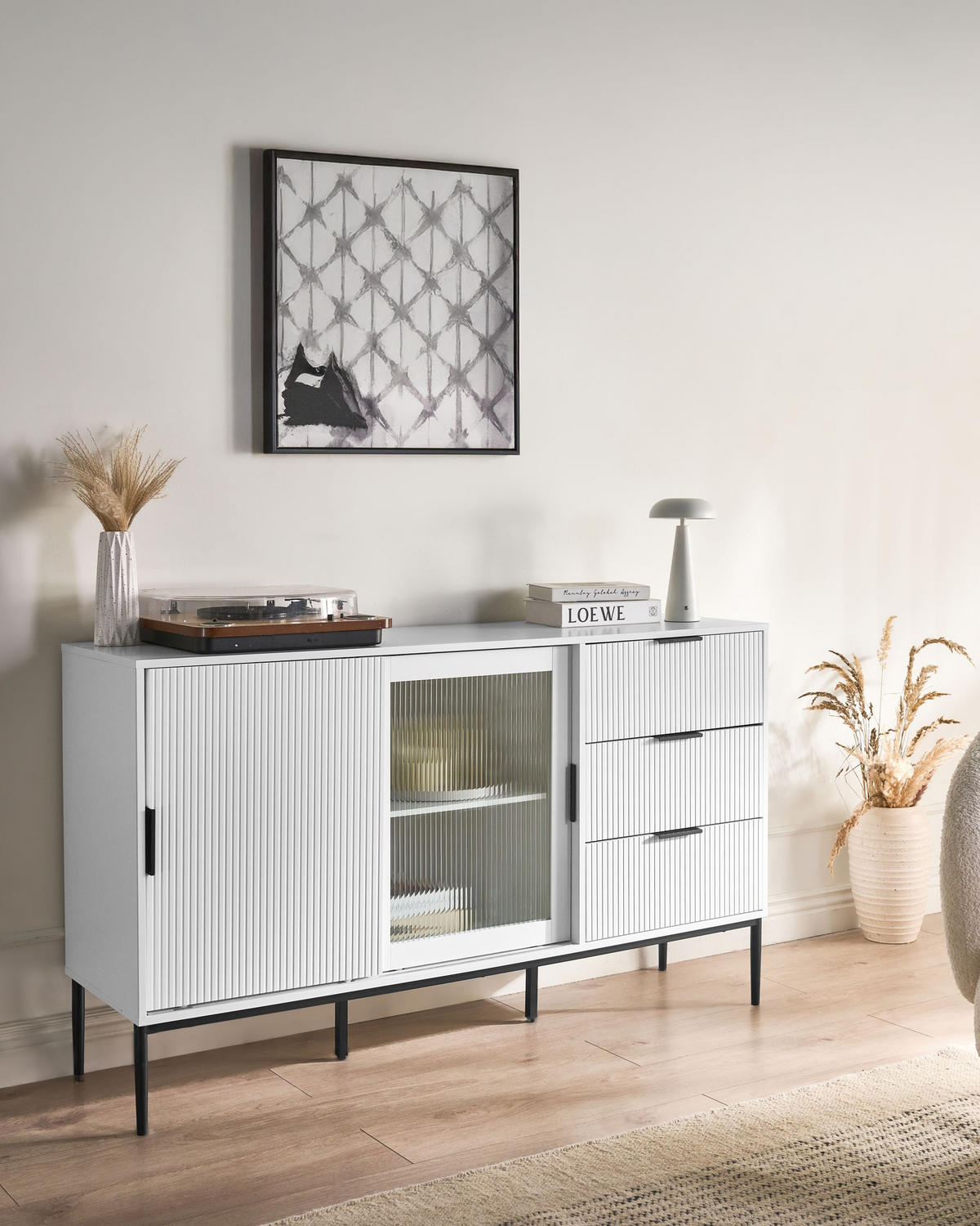 SIDEBOARD se skleněnými dveřmi Bílý Leduc - bílá, kompozitní dřevo (150/86/40cm) - Beliani