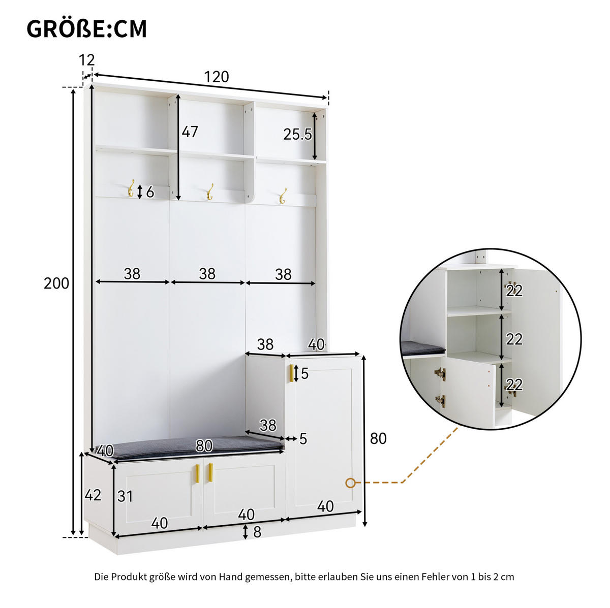 GARDEROBE mit Sitzbank und Schuhablage 120 x 40 x 200 cm Weiß - Weiß, Holzwerkstoff (40/200/120cm) - Beauniv