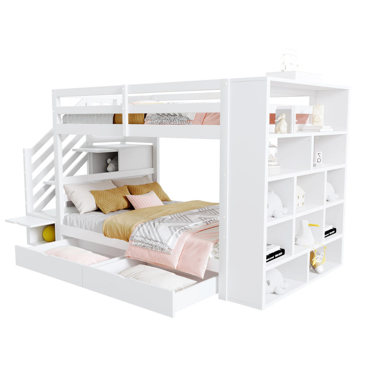 ETAGENBETT 90/200 cm mit Sicherheitstreppe, Stauraum und Lattenrost aus Kiefern, Weiß - Weiß, Holzwerkstoff (90/200cm) - Redom