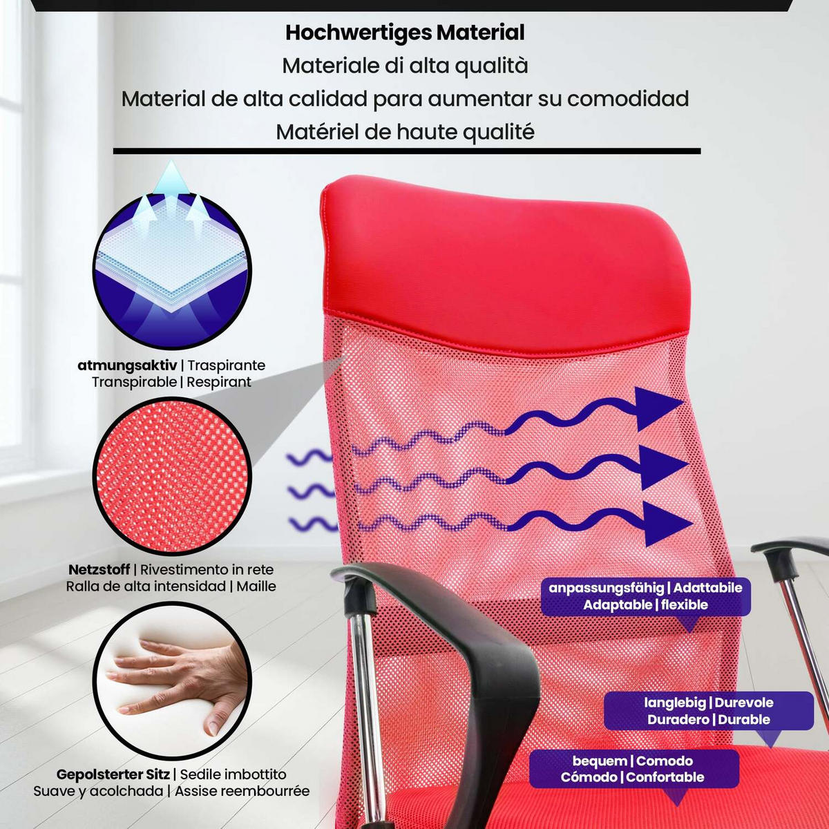 BÜROSTUHL Waterloo, Kunstleder Rot - Rot, Textil/Metall (60/118/53cm) - TPFLiving