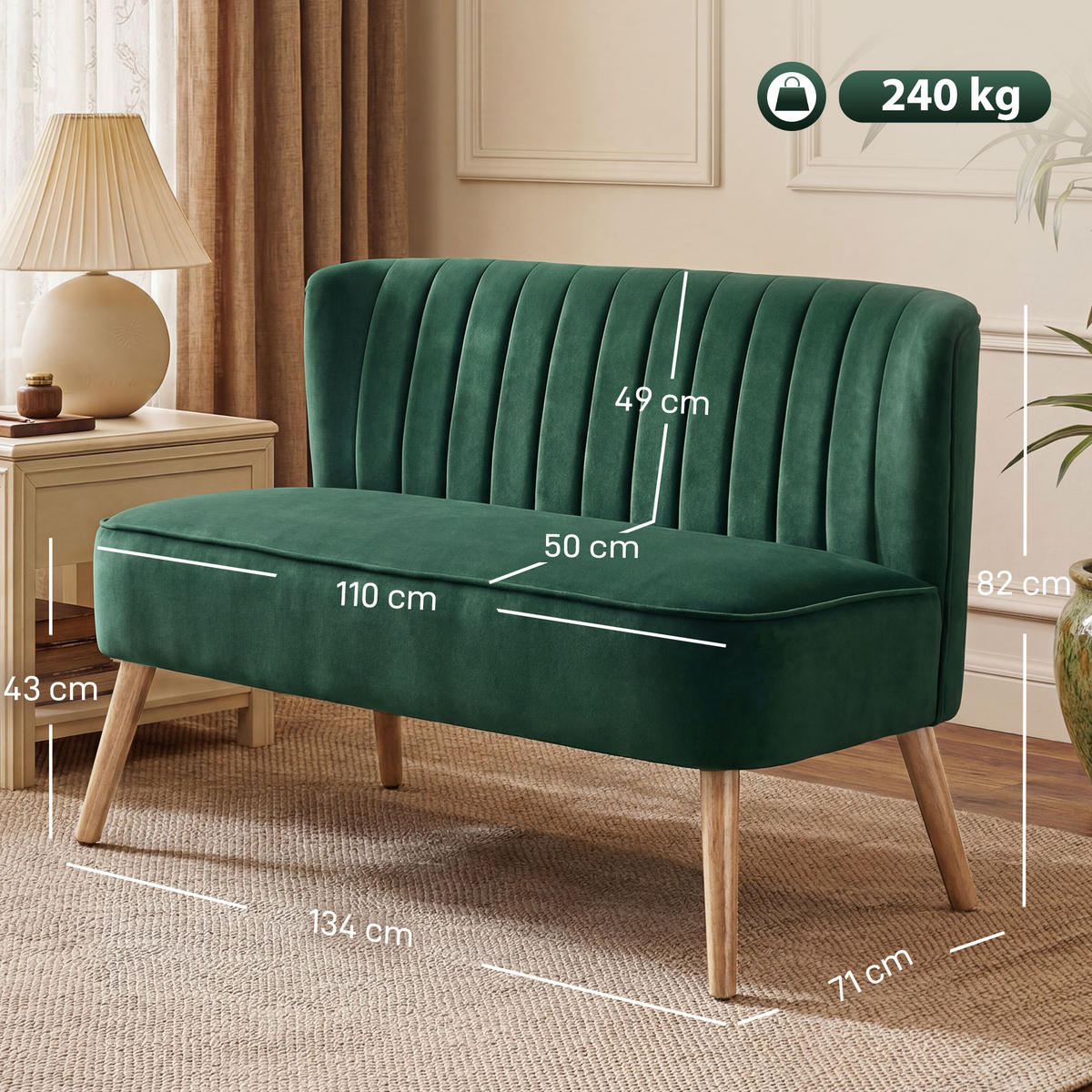 2-SITZER-SOFA DE-06553 mit Holzbeinen Dunkelgrün - Dunkelgrün, Holz/Textil (117/77/56.5cm) - ComfortXL