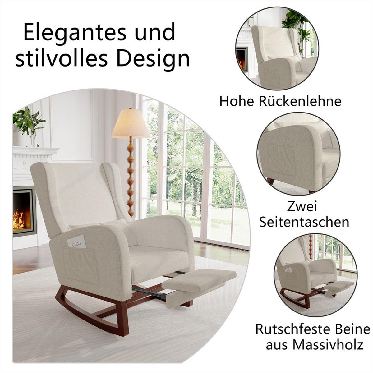 SCHAUKELSTUHL mit integrierter Fußauflage - mit beidseitigen Taschen - Baumwolle-Leinen-Gemisch - Beige - Beige, Textil (64/99/67cm) - DELFA