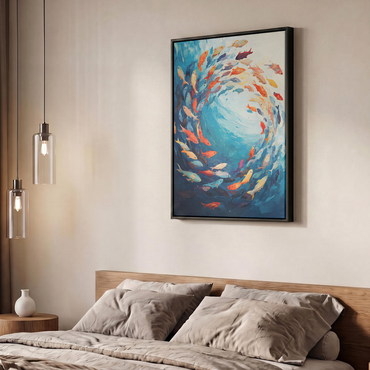 LEINWAND Bilder mit Rahmen - Meer - Fische - Bunt - Dynamisch - 50x70 - Hellblau, Textil (50/70cm) - MuchoWow
