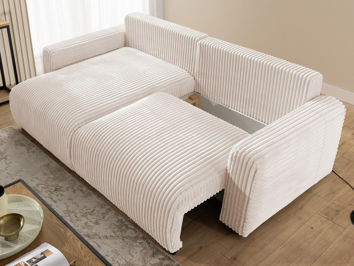 ECKSOFA Calma mit Schlaffunktion und Bettkasten im Bumpy-Design aus weichem Hellbeige Plüschcord - Ottomane links - Beige/Schwarz, Holz/Kunststoff (239/140cm) - S-Style