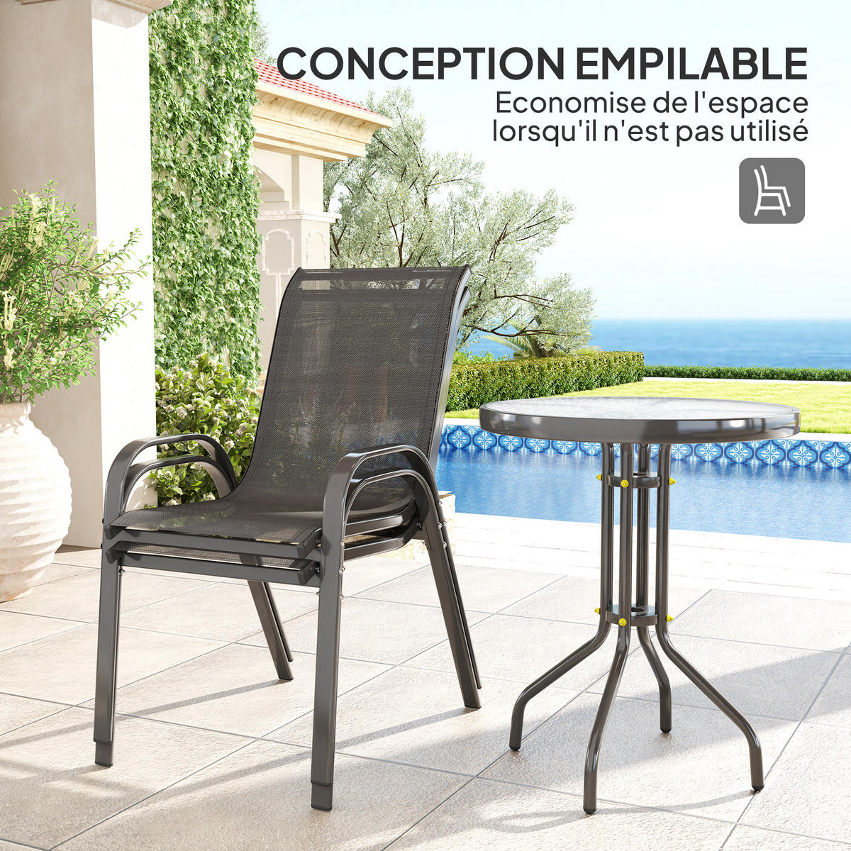 BALKONSET 3-teilig DE-14105 2 Stapelsessel, Glastisch Schwarz - Schwarz, Metall - ComfortXL