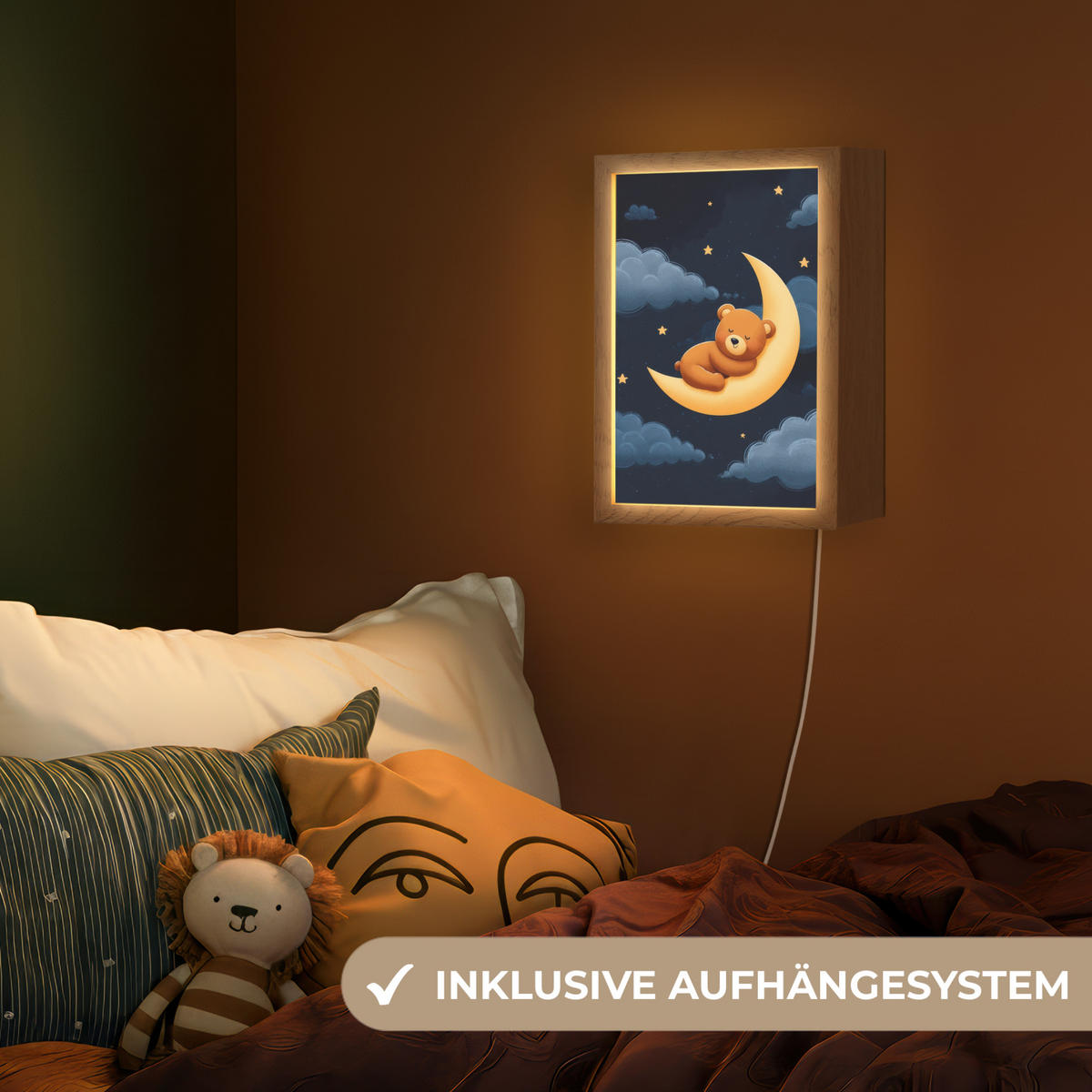 NACHTTISCHLAMPE Teddybär - Mond - Wolken - Sterne 20x30 cm - Dunkelblau, Holzwerkstoff (8/20/30cm)