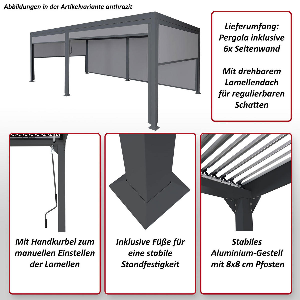 ALU PERGOLA MIT SEITENWAND Anthrazit - Anthrazit, Metall (590/224/306cm) - MCW