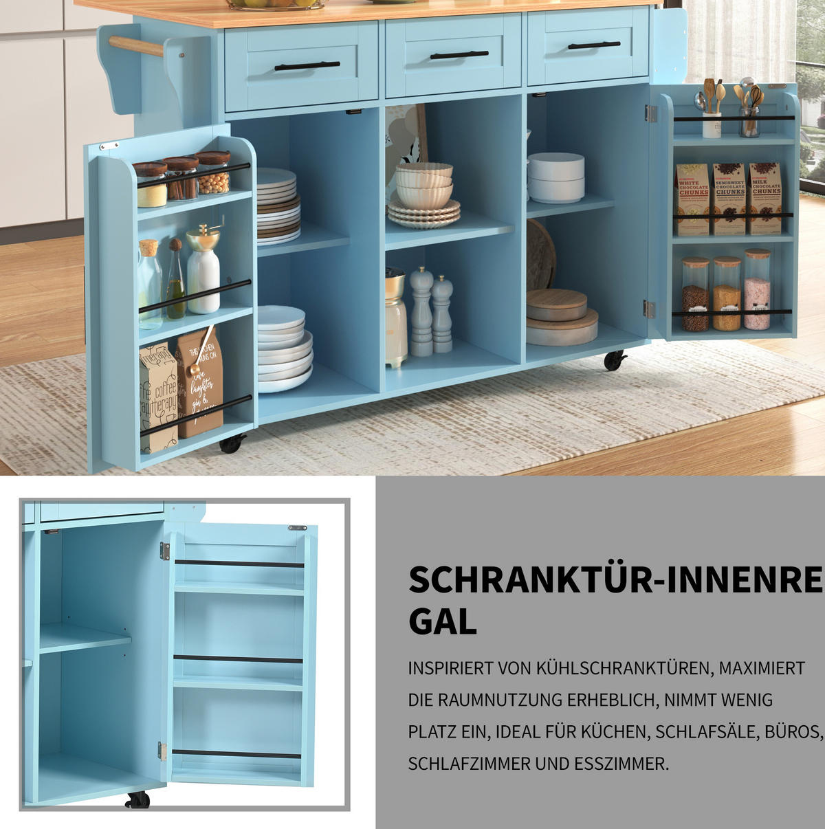 KÜCHENWAGEN mit Klappplatte 139 x 46(71) x 91,5 cm Blau - Blau, Holz (46/91.5/139cm) - Beauniv