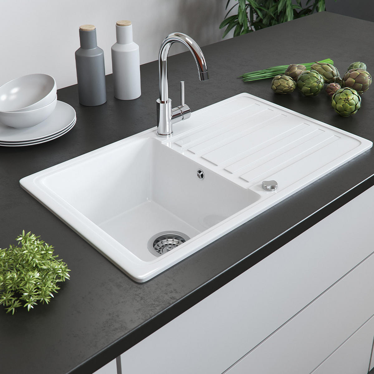 SPÜLBECKEN Valencia Weiß 76.5 x 46 cm mit Trockenplatz - Weiß, Keramik (76.5/19/46cm) - Bergstroem
