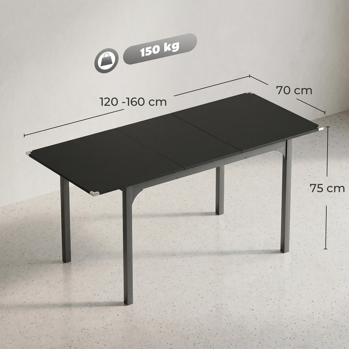 ESSTISCH Schwarz ausziehbar 120-160/70/75 cm - Schwarz, Metall (160/70/75cm) - PANGIVO
