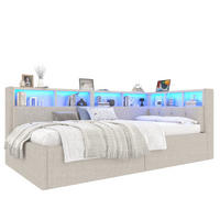 TAGESBETT aus Leinen und MDF 90x200 cm Beige mit LED-Beleuchtung, USB-/Typ-C-Anschlüssen und hydraulischem Bettkasten - Beige, Textil (90/200cm) - Modfu