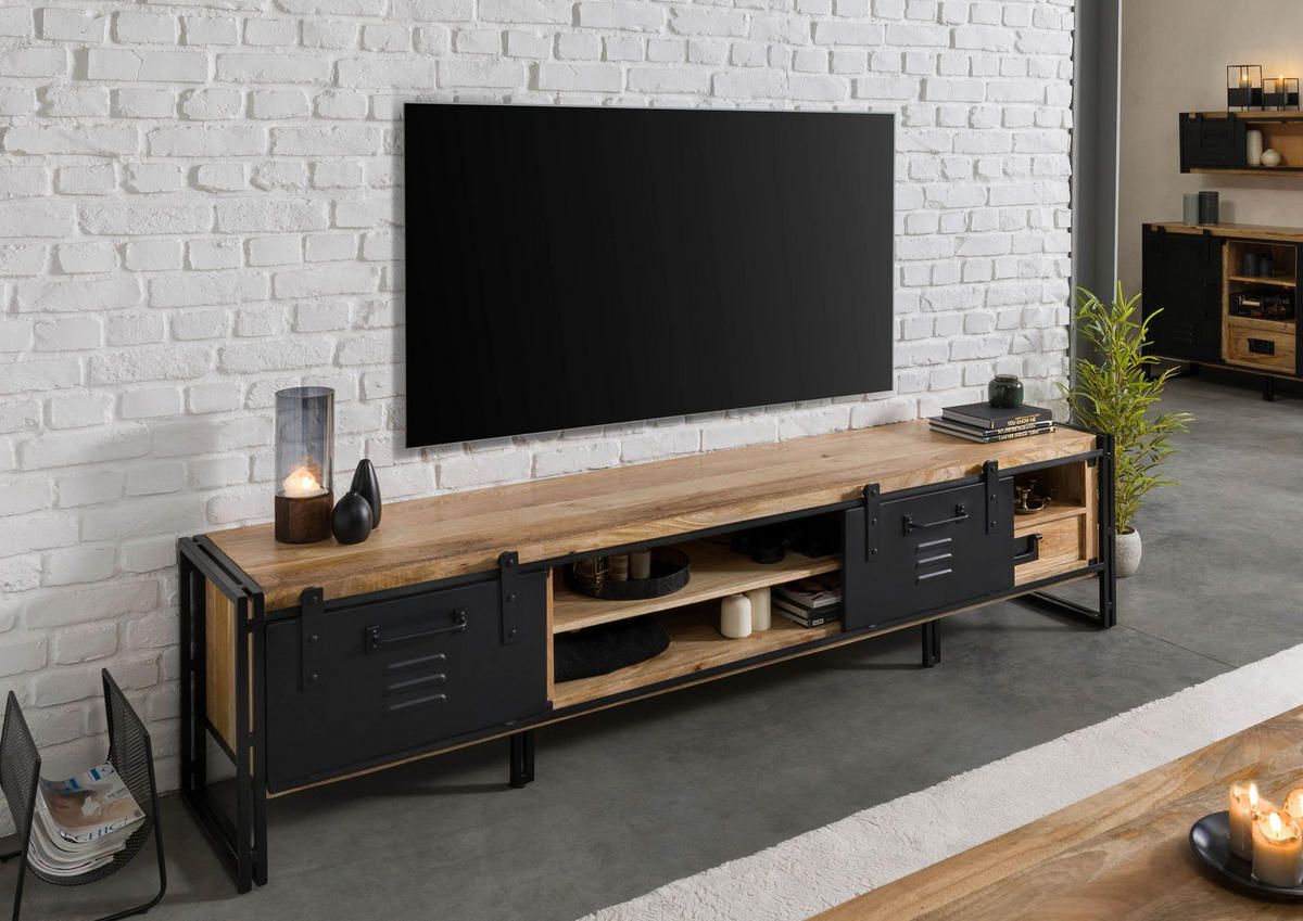 TV-BOARD Mango 240x45x55 natur klar lackiert / Metall schwarz BLACKBURN #555 - Naturfarben, Holz (45/55/240cm) - Massivmoebel24