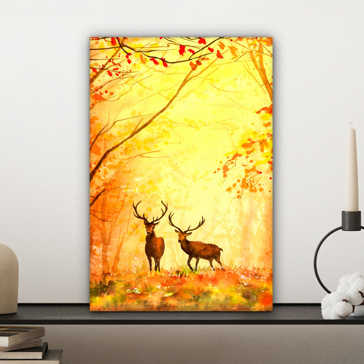 LEINWANDBILD Natur - Ölfarbe - Hirsche - Tiere - Herbst - Orange Deko Wohnzimmer 20x30 cm - Orange, Textil (20/30cm) - MuchoWow