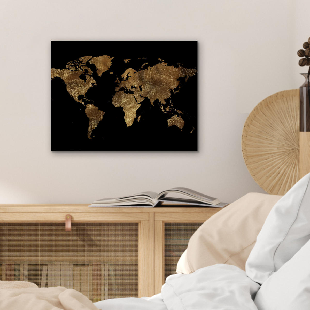 KOVOVÝ OBRAZ Mapa sveta - Zlato - Luxus - Zem - Čierna 40x30 cm - zlatá, kov (40/30cm) - MuchoWow