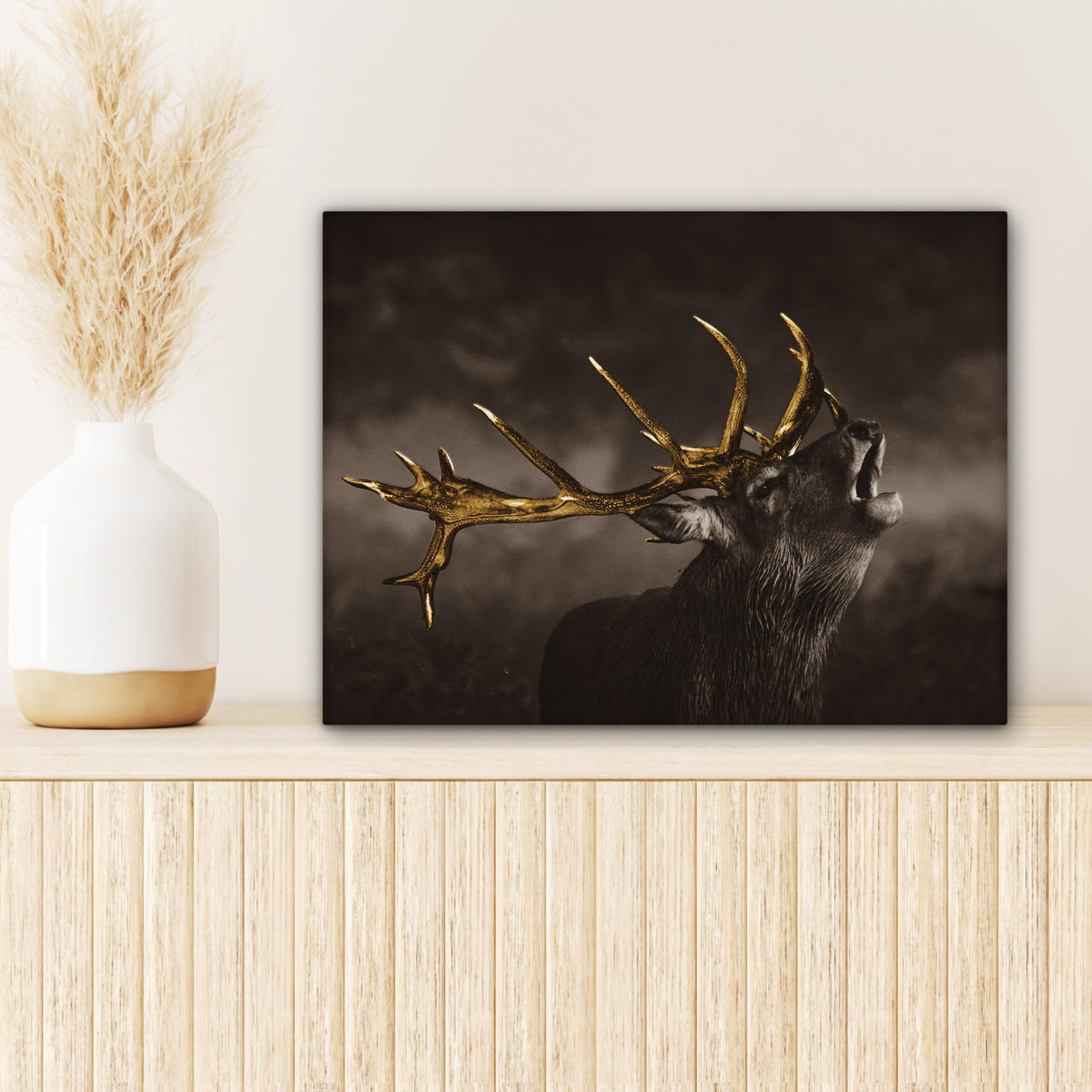 LEINWANDBILD Rotwild - Schwarz - Gold 40x30 cm - Braun, Textil (40/30cm) - MuchoWow