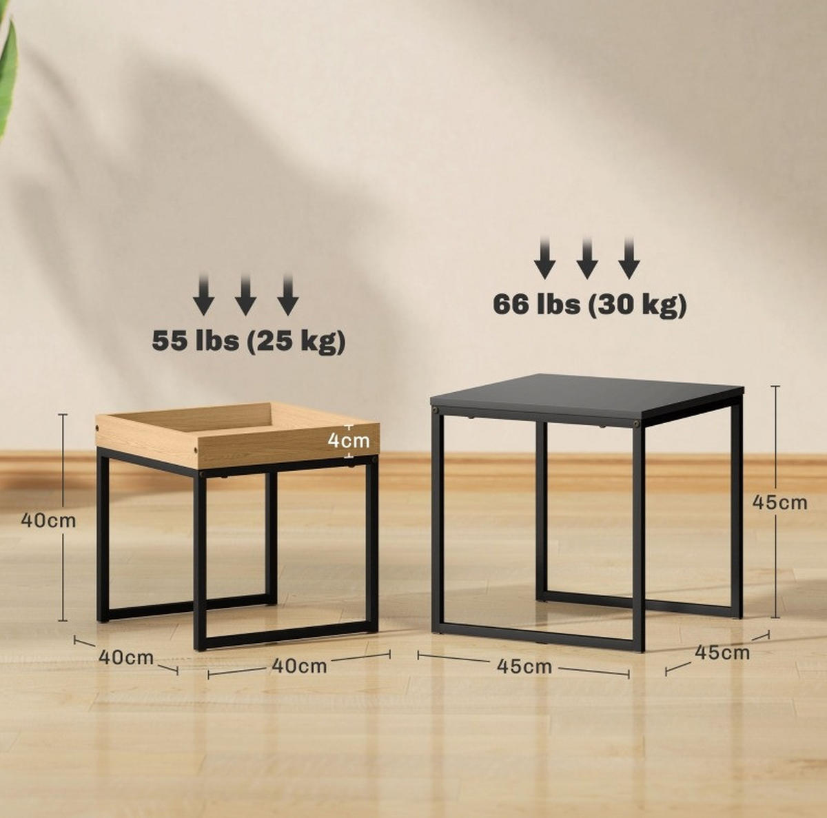COUCHTISCH 45/45/45 cm und 40/40/40 cm aus Stahl in Schwarz mit Tablett - Schwarz, Metall (45/45/45cm) - OKMYHOME