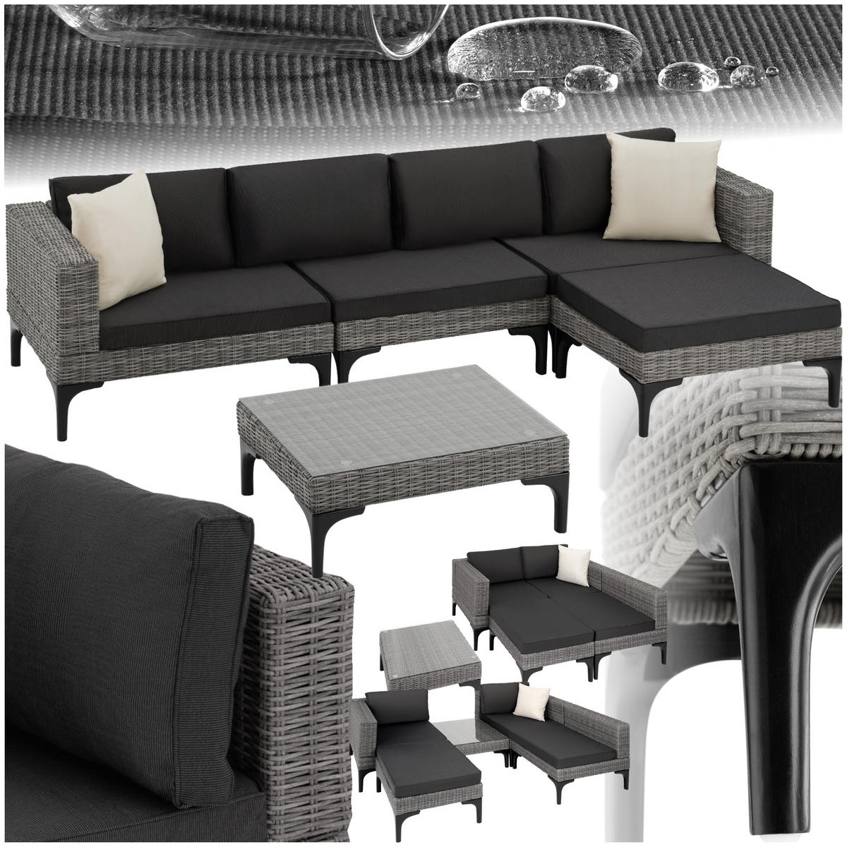 RATTANLOUNGE Konstanza,mit Sicherheitsglasplatte,grau - Grau, Metall - tectake