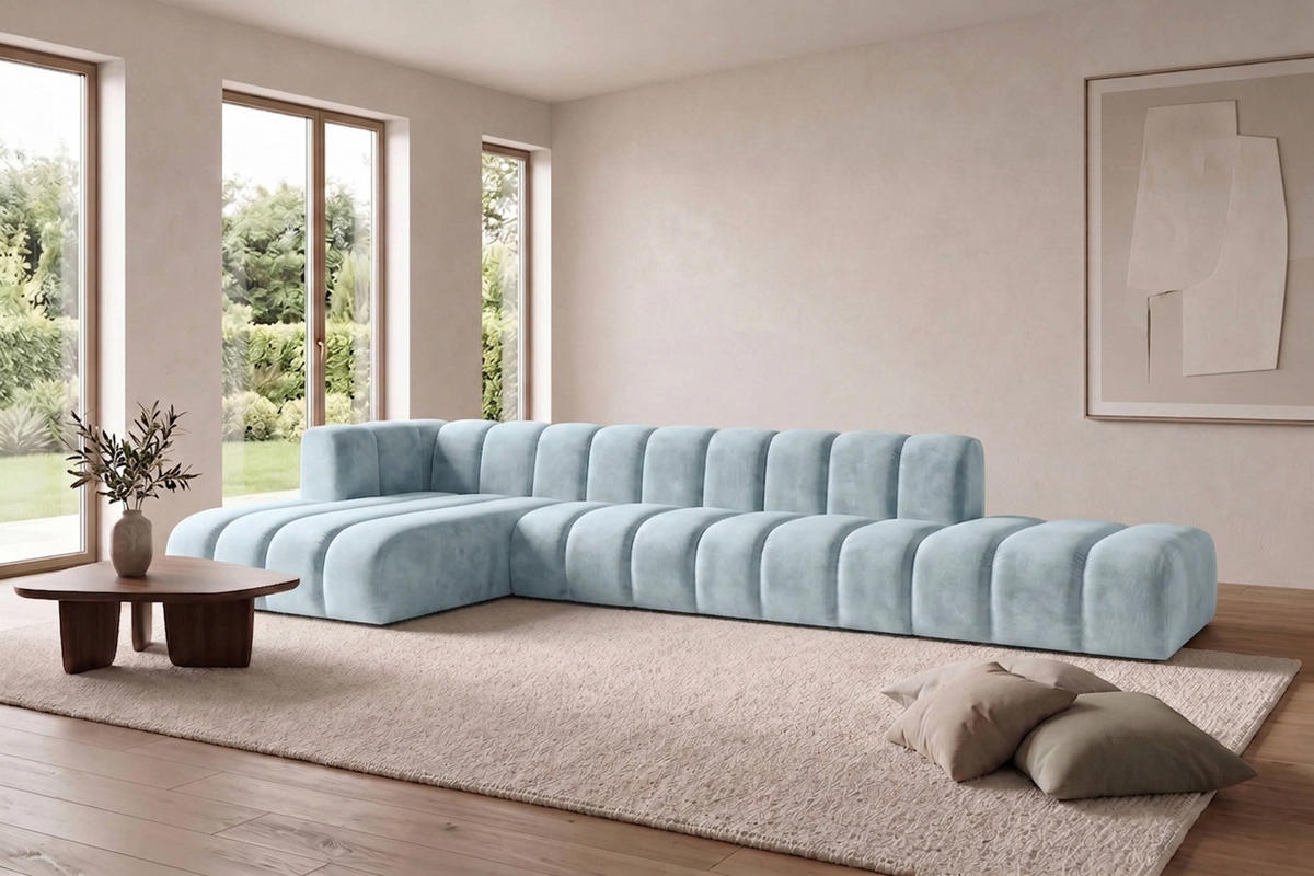 ECKSOFA Modulares In L-Form Mit Hocker, Velvet-Stoff Riviera, Babyblau, Links, GRAND - Hellblau, Holz (386/179cm) - Kaiser Möbel
