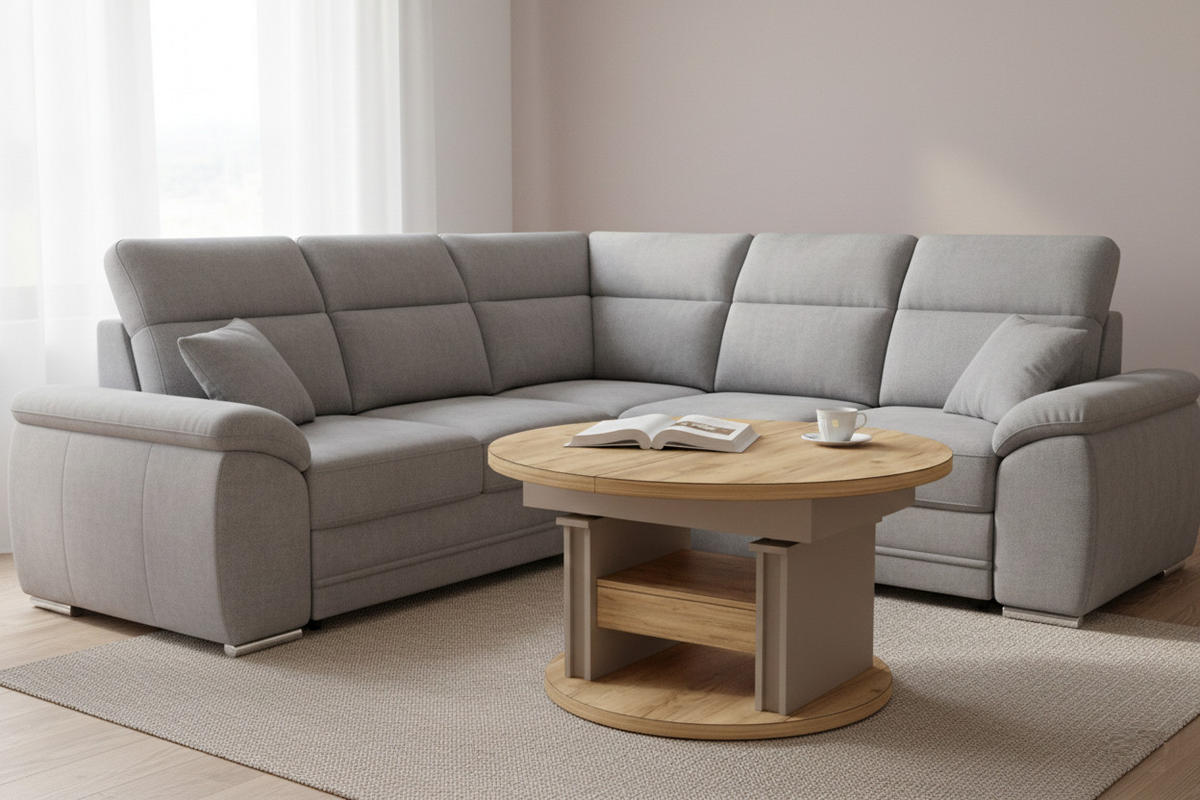 COUCHTISCH rund ausziehbar höhenverstellbar Schubalde 100/100/60 cm - Eichefarben/Beige, Holzwerkstoff (100/100/60cm) - designimpex