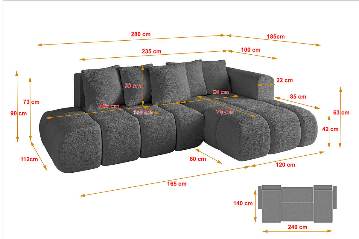 ECKSOFA Ottomane Rechts CLOUD-L-v1 280x185x90 Grau Bouclé - Grau, Holzwerkstoff/Kunststoff (185/280cm) - ALTDECOR
