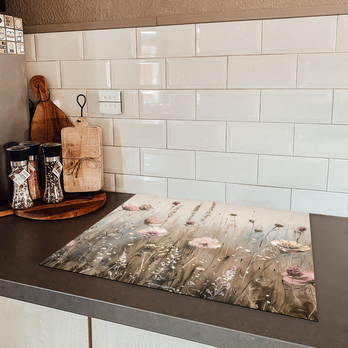 HERDABDECKPLATTE Blumen - Beige - Trockenblumen 65x52 cm - Beige, Kunststoff (65/52/0.2cm) - MuchoWow