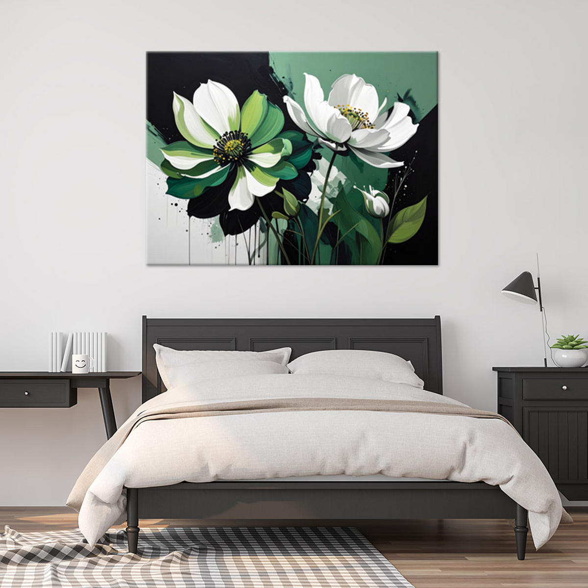 LEINWANDBILDER, Weiße Magnolien auf grünem Grund in einer dekorativen Komposition - Grün, Textil (45/30cm) - Feeby