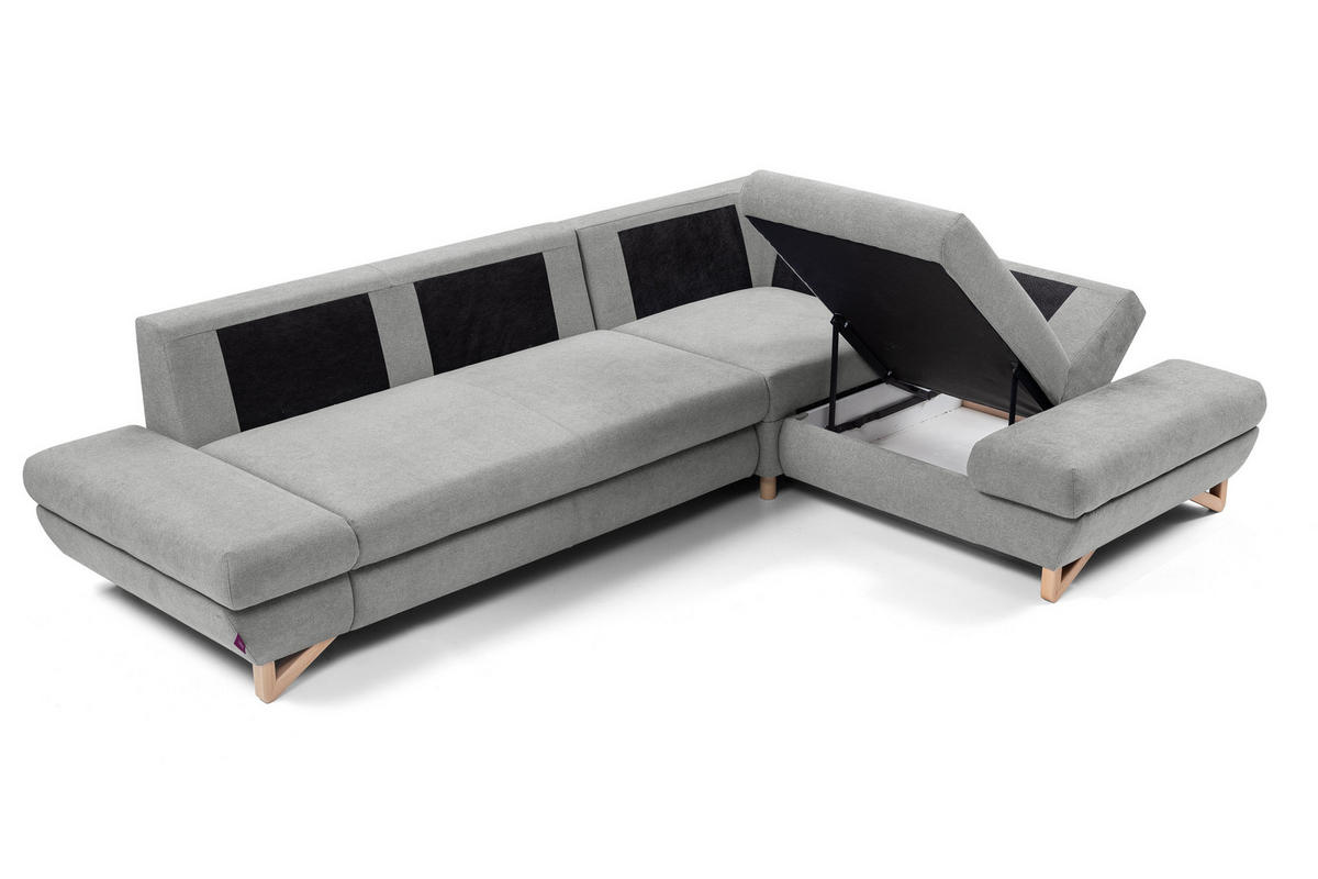 ECKSOFA CASA II R-S Grau Plüsch-Stoff mit Schlaffunktion - Grau, Holz (272/199cm) - MASSENO
