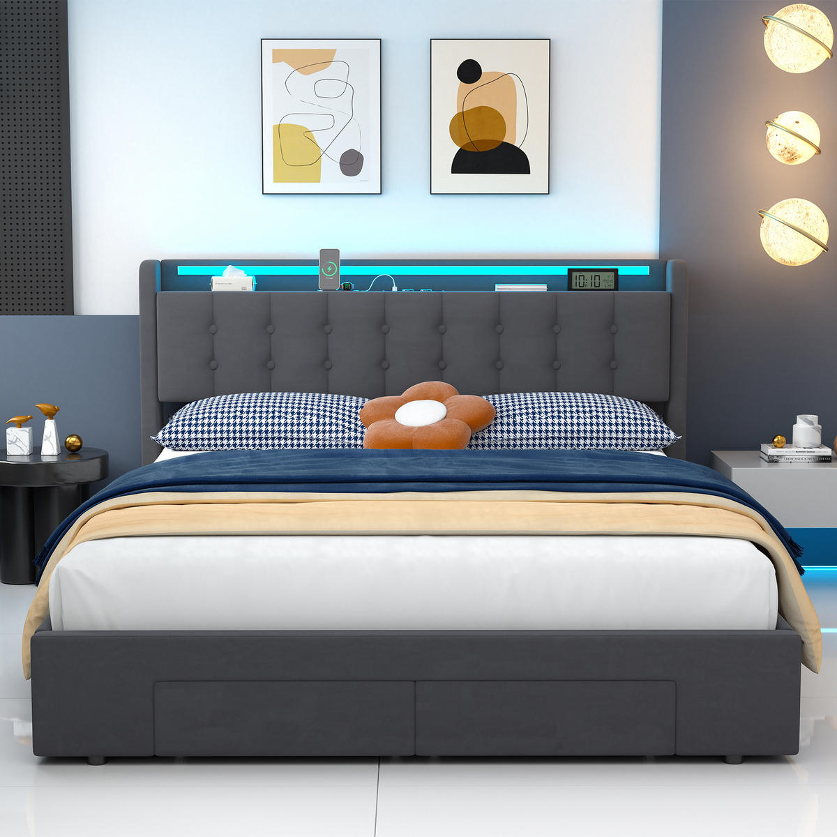 POLSTERBETT 160/200 cm Dunkelgrau aus Samt mit Schubladen, LED-Beleuchtung und USB-Anschluss - Grau, Holzwerkstoff (160/200cm) - OKMYHOME