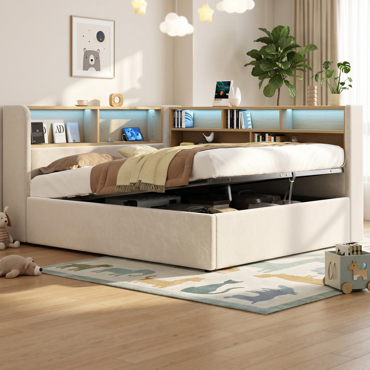 DAYBETT 140x200 cm Beige Samt mit LED und USB - Beige, Textil (140/200cm) - FLIEKS