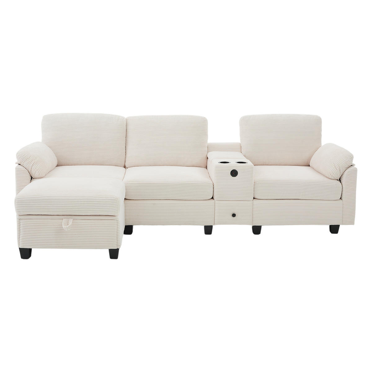 ECKSOFA L-Form mit verschiebbarer Mittelkonsole & USB-C-Anschluss Beige 266/136/82 cm - Beige, Textil (266/136cm) - OKWISH