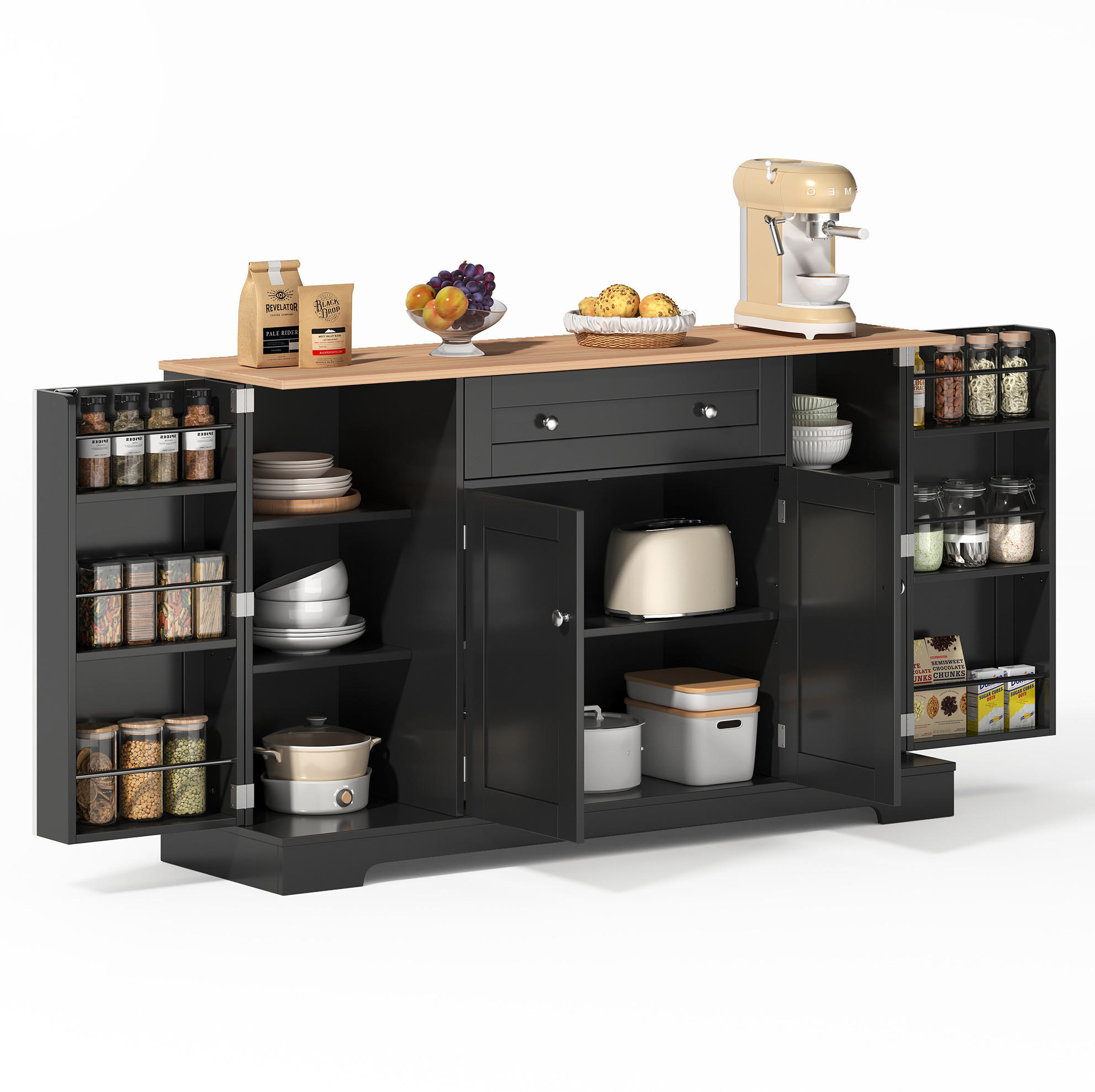 SIDEBOARD 138 cm in Schwarz mit Schublade, verstellbaren Einlegeböden und Kippschutz - Schwarz, Holzwerkstoff (138/85/40cm) - Flora Grace