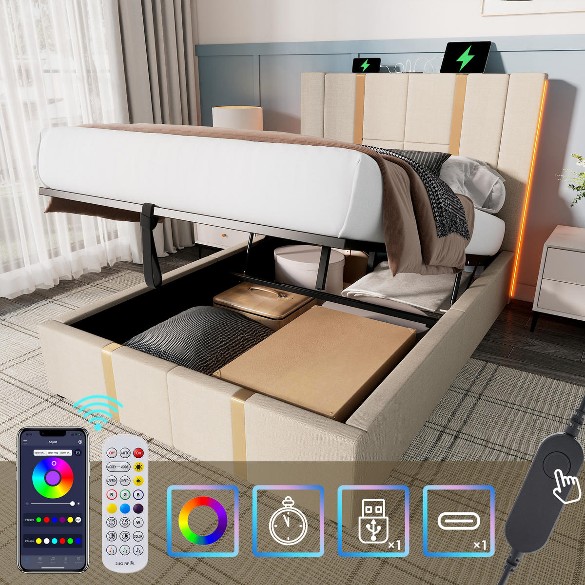 STAURAUMBETT 90/200 cm DE-00520, in Beige, LED und hydraulischem Bettkasten - Beige, Metall (90/200cm) - ComfortXL