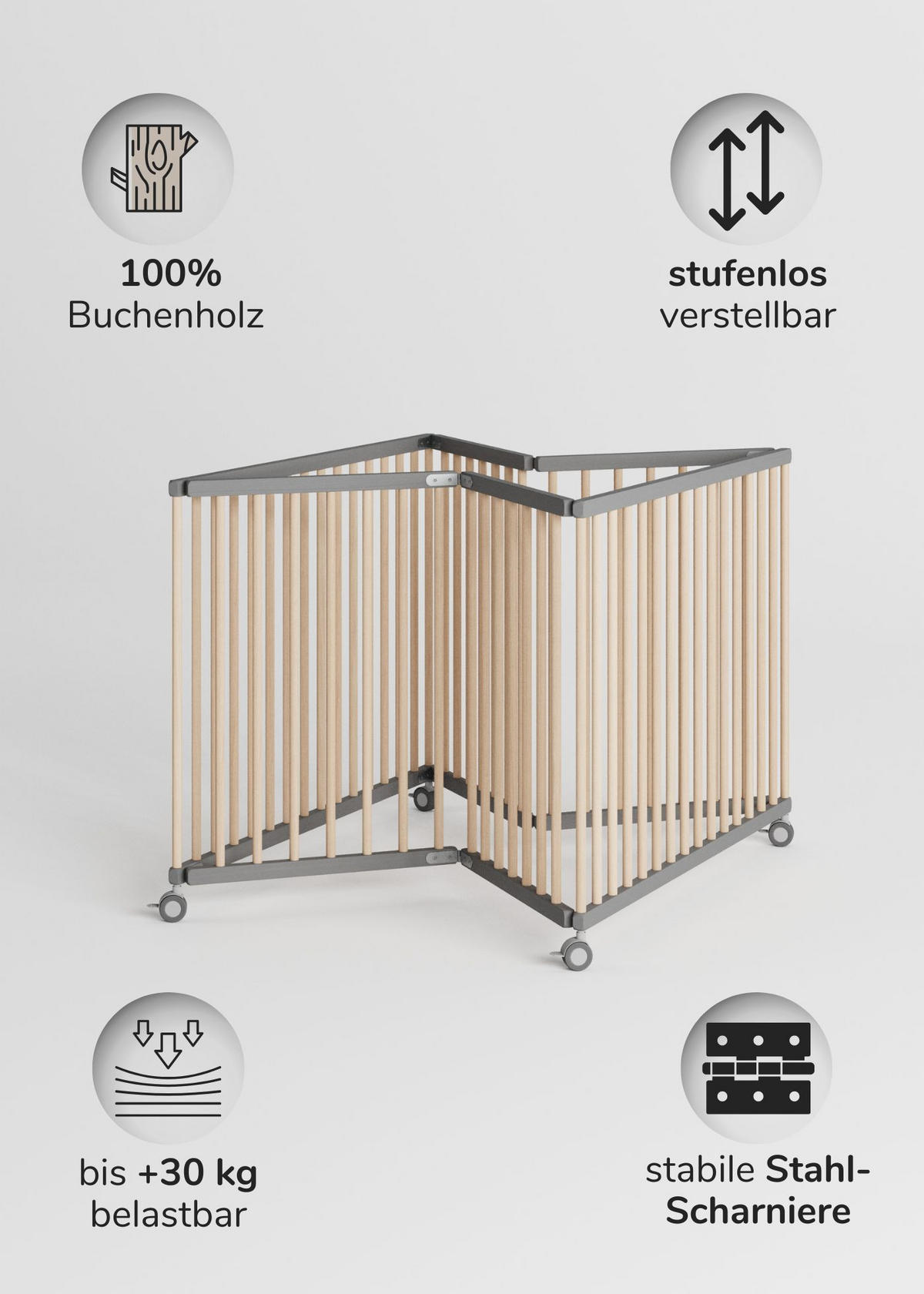 LAUFGITTER 100x100 cm faltbar mit Matratze - grau/natur - Naturfarben/Grau, Holz (100/74/100cm) - Sämann – make a difference.