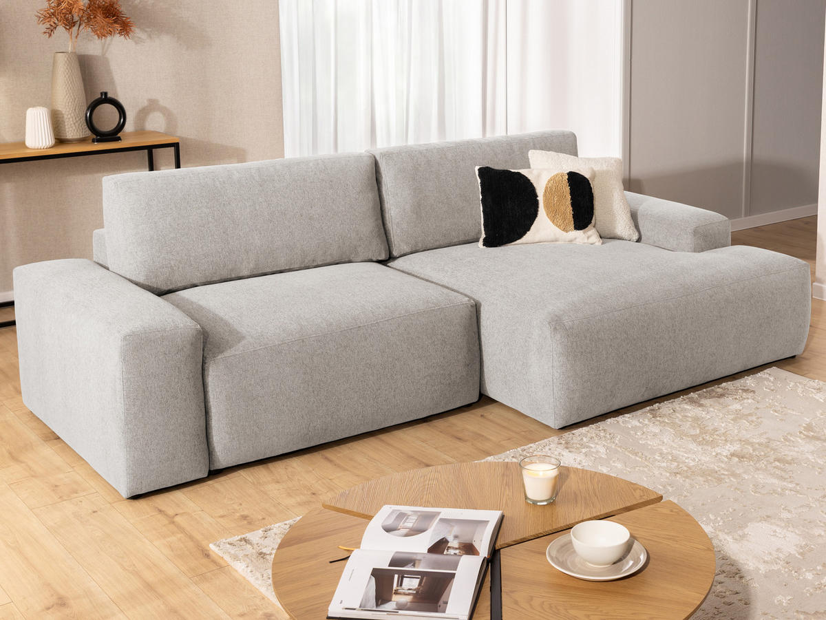 ECKSOFA Lennon aus Beige Strukturstoff mit Schlaffunktion und Bettkasten - Beige/Schwarz, Holz/Kunststoff (264/137cm) - S-Style