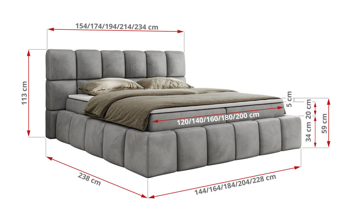 BOXBETT NIRA 200/200 - Hellgrau Velvet - H3 - Hellgrau, Holz/Textil (200/200cm) - MKS