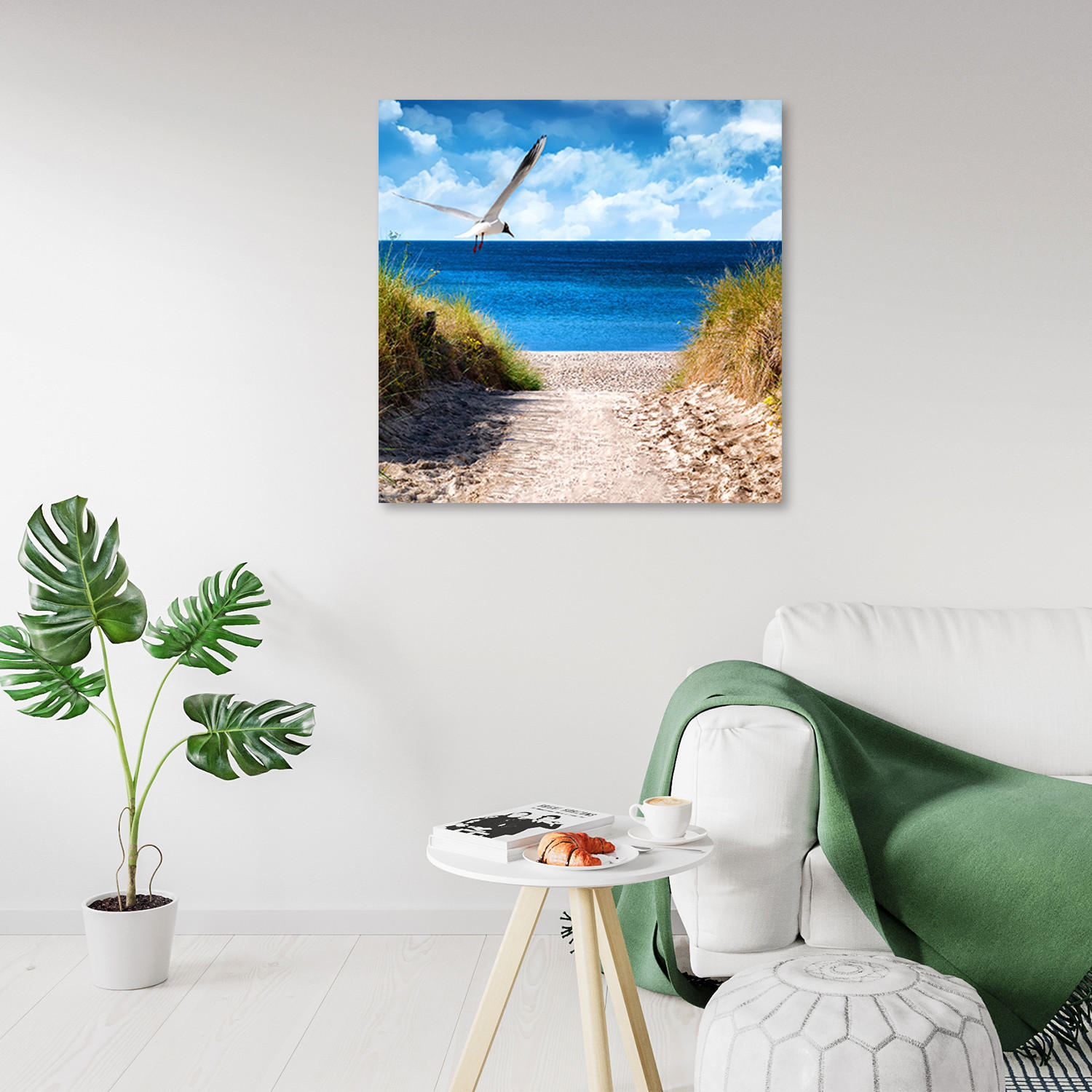 BILD AUF LEINWAND Weg zum Strand und Möwe 60x60cm - Blau, Textil (60/60cm) - Feeby