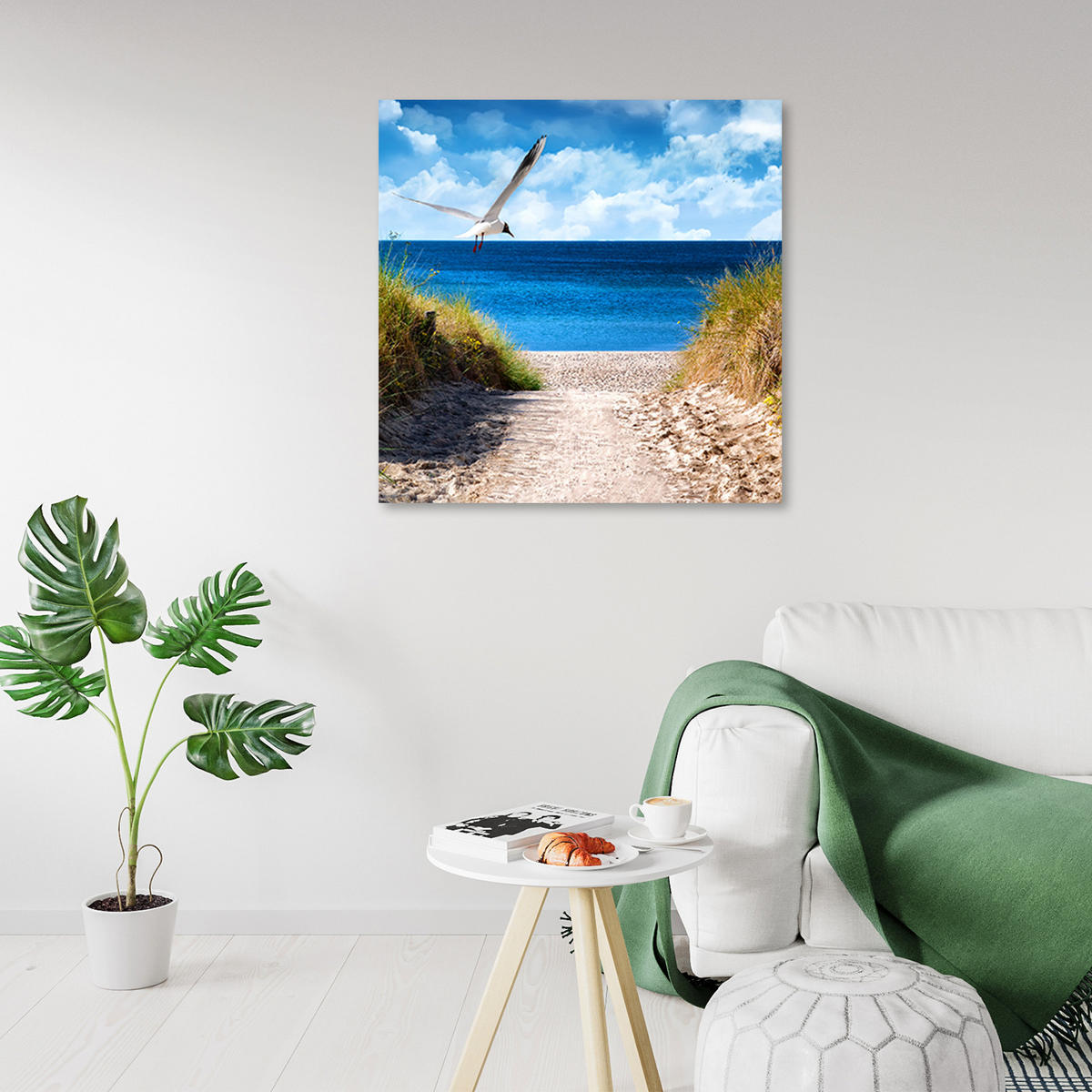 LEINWANDBILD Weg zum Strand und Möwe - Blau, Textil (50/50cm) - Feeby