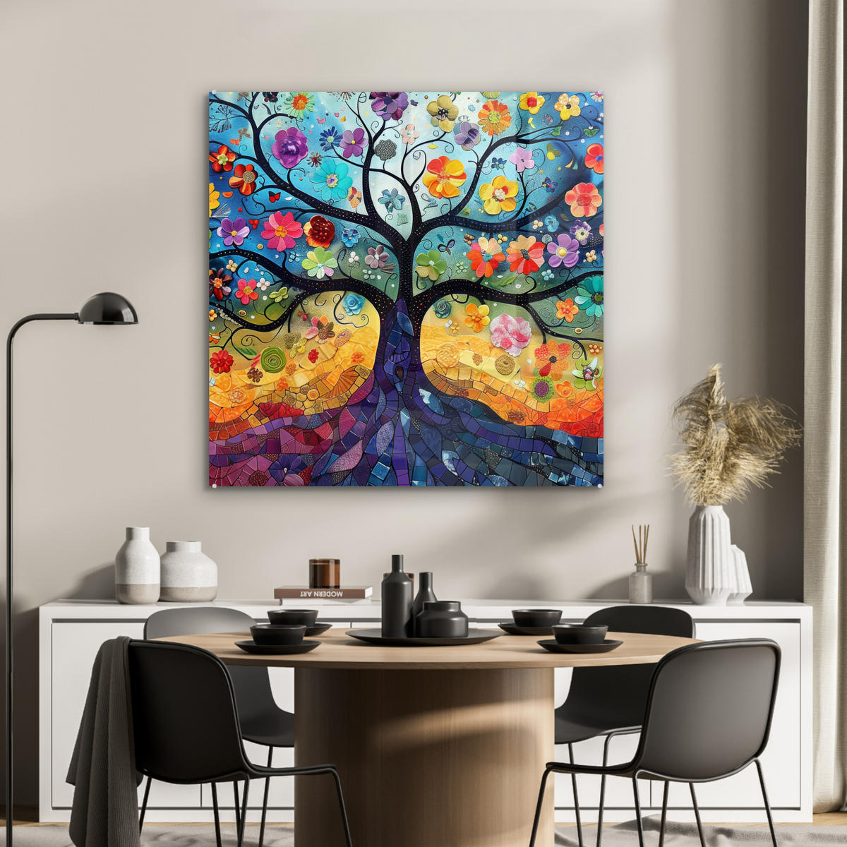 ACRYLGLASBILD Kunst - Baum des Lebens - Blumen - Hippie 90x90 cm - Dunkelblau, Glas (90/90cm) - MuchoWow