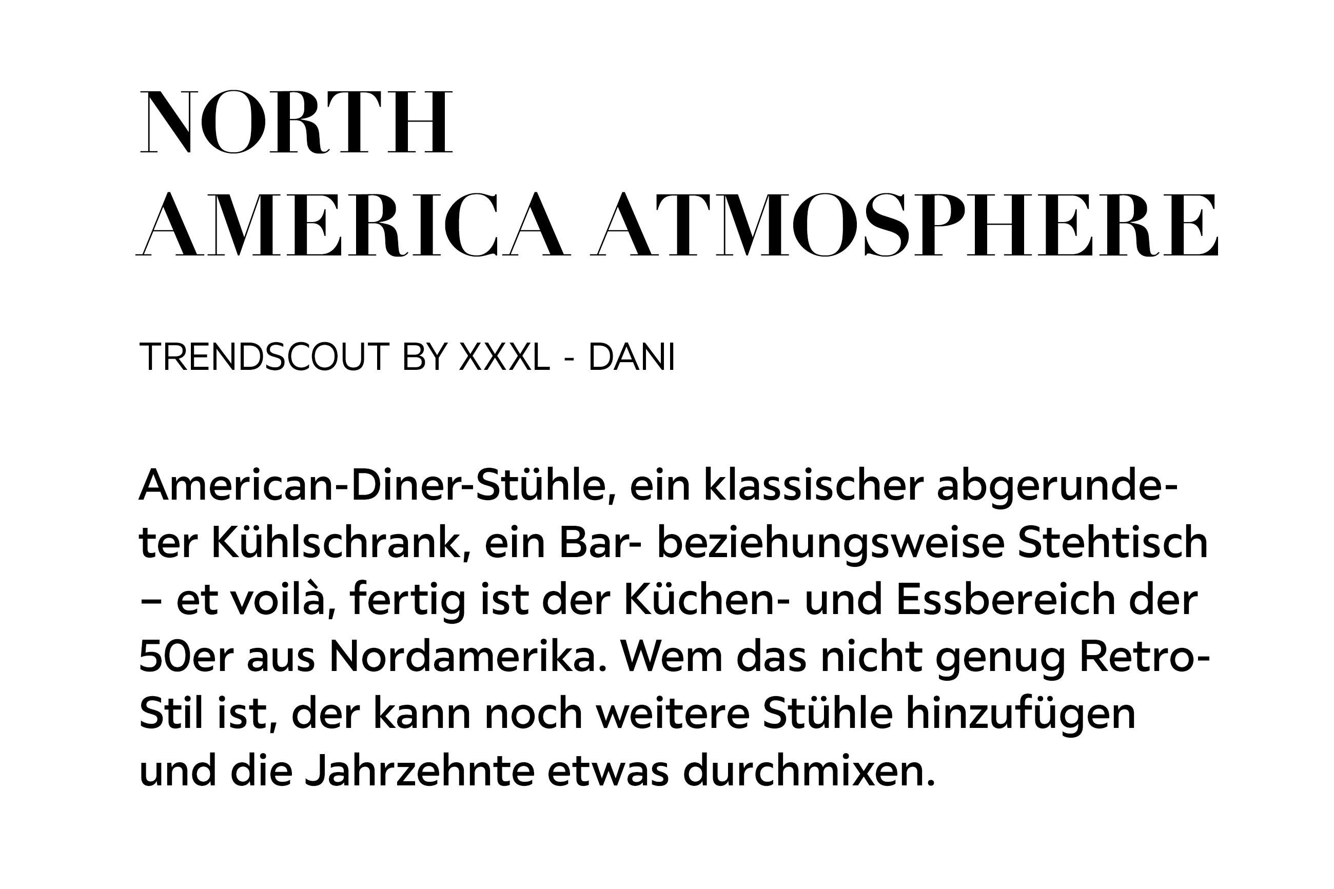 NORTH AMERICAN ATMOSPHERE - American-Diner-Stühle, ein klassischer abgerundeter Kühlschrank, ein Bar- beziehungsweise Stehtisch et voilà, fertig ist der Küchen- und Essbereich der 50er aus Nordamerika. Wem das nicht genug Retro-Stil ist, der kann noch..