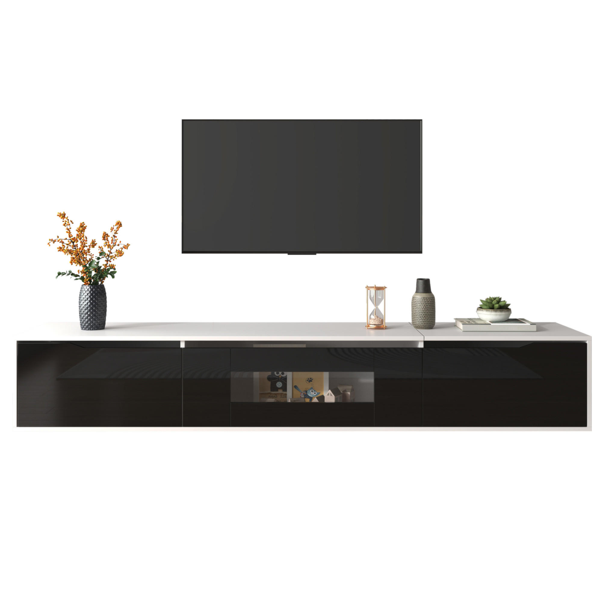 LOWBOARD 180/35/30 cm aus Holzwerkstoff mit LED-Beleuchtung und geriffelten Fronten Weiß/Schwarz - Schwarz, Holzwerkstoff (180/35/30cm) - Modenvie