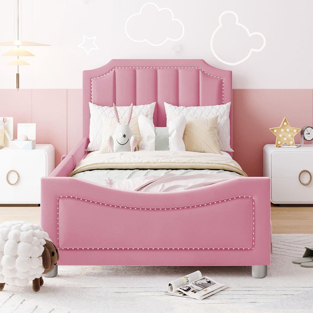 KINDERBETT 90/200 cm aus Holz mit Flanellbezug und Rückenlehne Rosa - Pink, Holz (90/200cm) - Modenvie