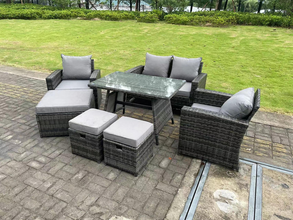 GARTENTISCHGRUPPE Polyrattan 7-Sitzer - Dunkelgrau/Grau, Glas/Kunststoff - Fimous