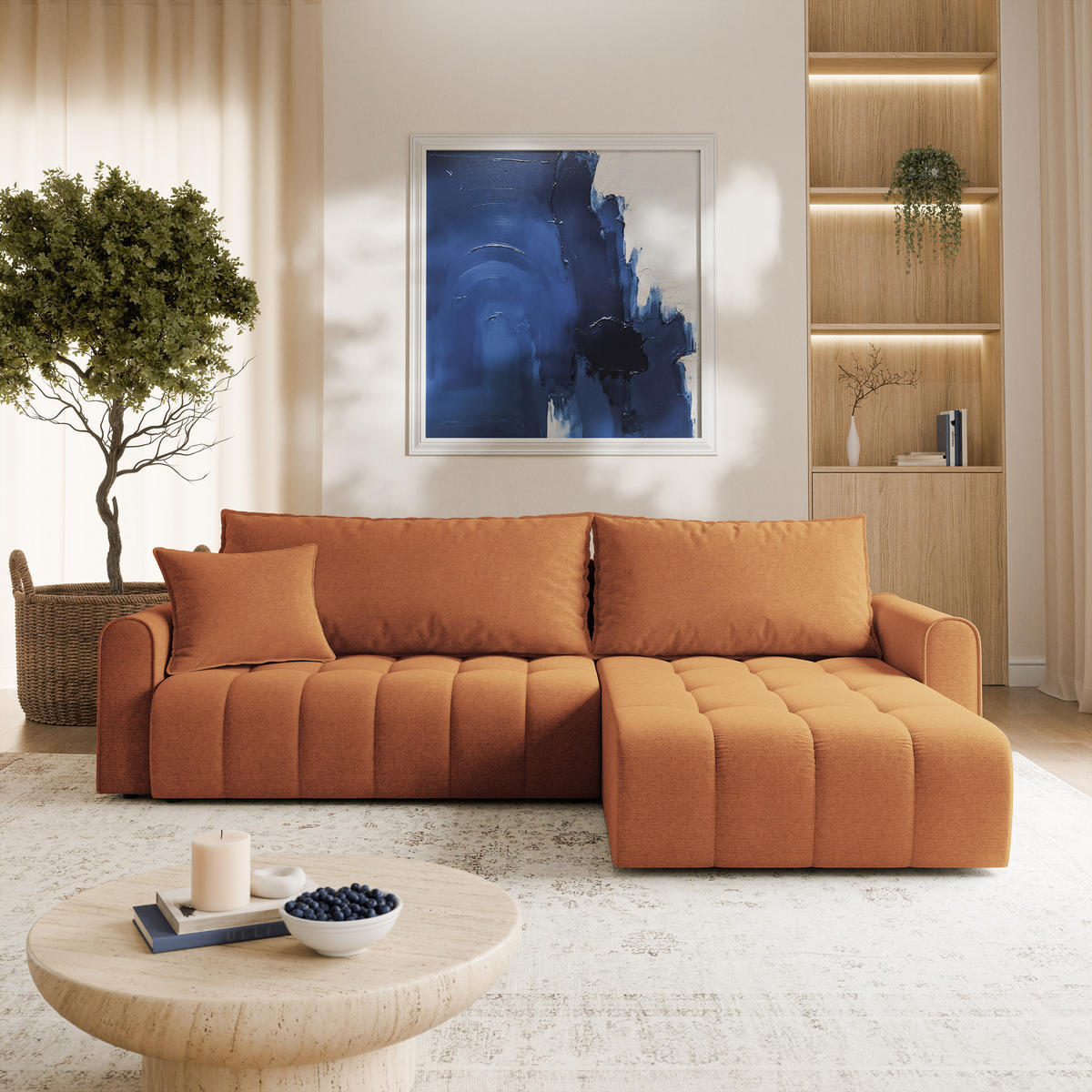 ECKSOFA FRIGA Orange Strukturstoff mit Schlaffunktion - Orange, Holz (283/185cm) - MASSENO