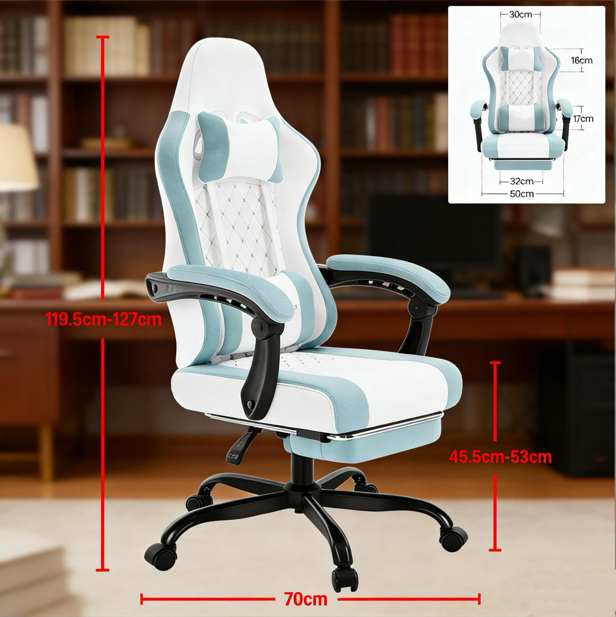 GAMINGSTUHL in Blau und Weiß 70x70x127 cm mit Massagefunktion und Fußstütze - Weiß, Textil (70/127/70cm) - IVMEU